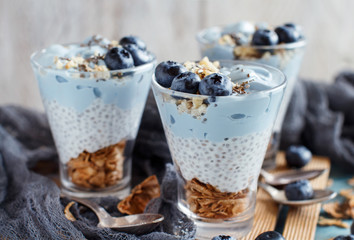 Blueberries and yogurt chia pudding parfait