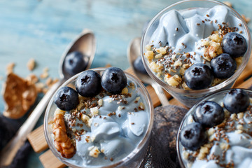 Blueberries and yogurt chia pudding parfait