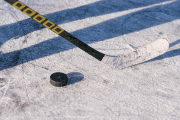 close-up of sticks and pucks in the stadium