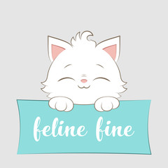 Cute cartoon white kitten with hand drawn lettering. Vector Illustration