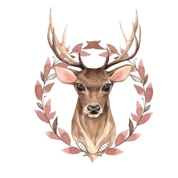 Noble deer with brown wreath. Watercolor illustration