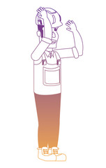 cartoon construction worker with safety vest and helmet over white background, vector illustration