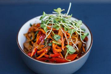 A plate with wok vegetarian noodles with microgreen on the dark background