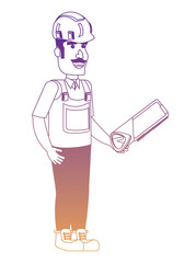 construction worker holding a hand saw over white background, vector illustration