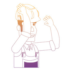 cartoon construction worker with safety vest and helmet over white background, vector illustration