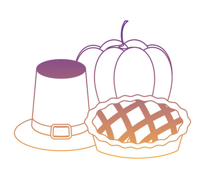 pilgrim hat with pumpkin and pie over white background, vector illustration