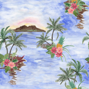 Watercolor painting seamless pattern with hawaiian landscape, palm tree, hibiscus flowers