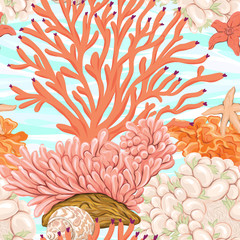 Fototapeta na wymiar Sea world seamless pattern, background with fish, corals and shells on blue sea background. Stock vector illustration.