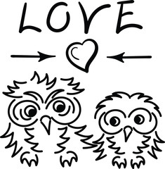 "Love". Two owls in love. Heart, arrows. Vector illustration on white background.