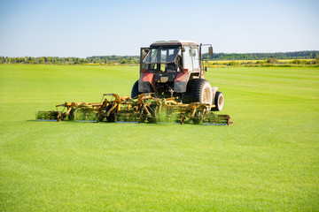 Tractor with a nozzle for care of a field lawn for a horse polo in work. The cut-off grass takes off from mechanical parts of a nozzle. Green flat field. lawn cultivation
