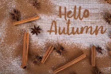 Hello, Autumn. The phrase is written on a wooden table with ground cinnamon among cinnamon sticks and badyan.  Top view, flat lay