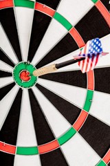 Closeup of a Dart with American Flag in Bullseye
