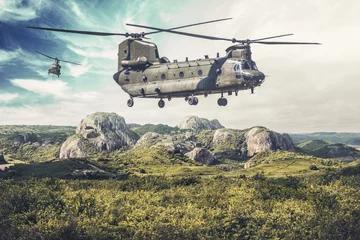 Poster Amerikaanse tweemotorige, tandemrotor, zware helikopter vliegt over een groen landschap © filmbildfabrik