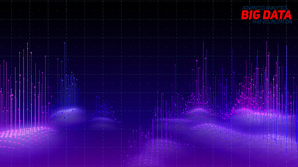 Vector abstract 3D big data visualization. Futuristic infographics aesthetic design. Visual information complexity. Intricate data threads plot. Social network or business analytics representation.