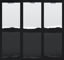Black, white note, notebook paper pieces with torn edges stuck with sticky tape on black backgroud. Vector illustration.
