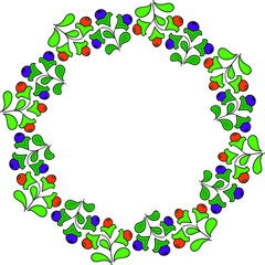 Round frame made of branches with leaves and berries. On white background. Vector illustration.