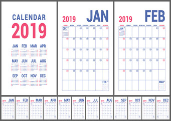 2019 calendar. English calender. Color vector template. Week starts on Sunday. Business planning. New year planner. Simple design