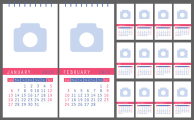 2019 calendar. English calender. Color vector template. Week starts on Sunday. Business planning. New year planner. Simple design