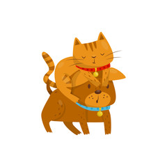 Funny cat sitting on the head of a dog, cute domestic pet animals cartoon characters, best friends vector Illustration on a white background
