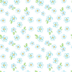 Watercolor hand drawn seamless pattern background with cute blue flowers isolated on white