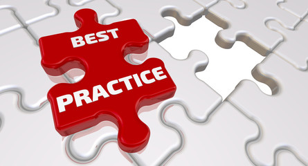 Fototapeta premium Best practice. The inscription on the missing element of the puzzle. Folded white puzzles elements and one red with text BEST PRACTICE. 3D Illustration