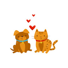 Funny dog and cat in love, cute domestic pet animals cartoon characters, best friends vector Illustration on a white background