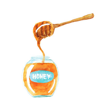 Watercolor hand drawn sketch illustration of honey jar with a spoon isolated on white