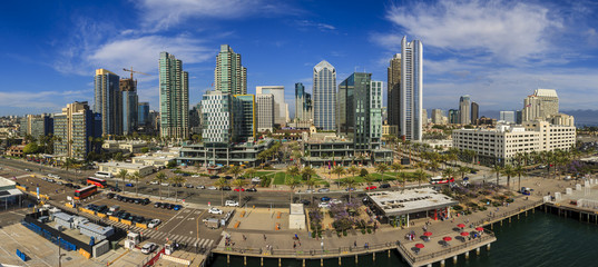 Fototapeta na wymiar San Diego, USA - June 15, 2018: Panoramic city view from the cruise ship while docked at the cruise terminal. San Diego downtown.