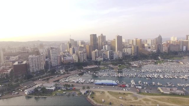 Arial shot of Durban harbour and city sky scrapers