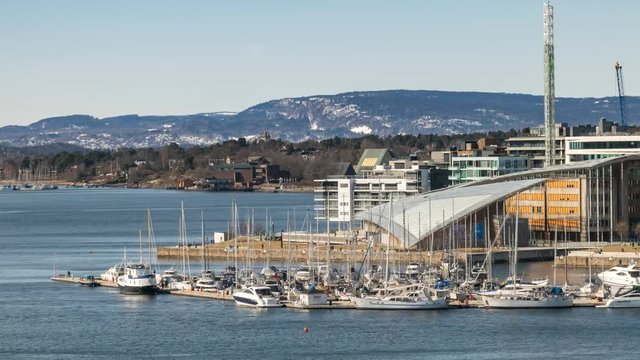 Oslo Norway time lapse 4K, city skyline timelapse at harbour