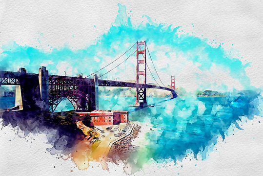Golden Gate Bridge as watercolor