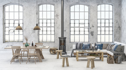 Cozy dining and living room scene in old warehouse