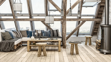 Rustic attic loft with large windows