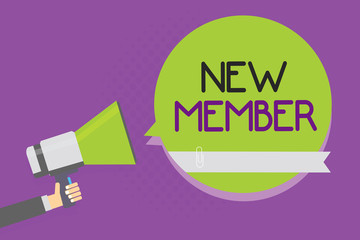 Text sign showing New Member. Conceptual photo recruiting employee to company or team Birth of fresh child Man holding megaphone loudspeaker green speech bubble purple background.