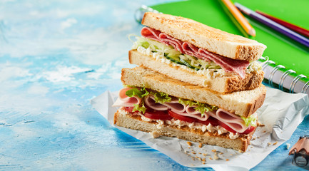 Mid-morning fresh sandwich with ham, salad