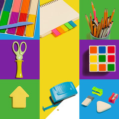 Back to school design with office items and supplies on colorful background. template for...