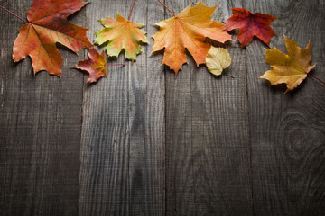 Naklejka na ściany i meble autumn leaf on wood background (top view) orange leaf on old grunge wood deck, copy place for inscription, tablet for text