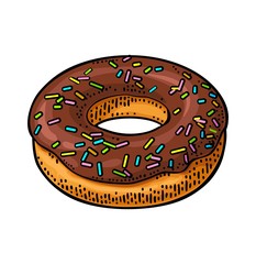 Donut with chocolate icing and white sprinkles. Vector color engraving