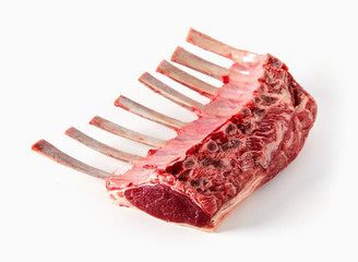 Prime aged lean trimmed lamb chops on white