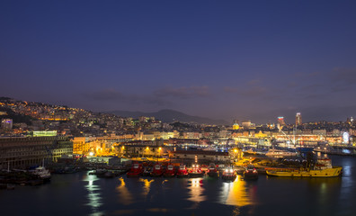 Fototapeta na wymiar View from the port of Genoa at night. Liguria, Italy