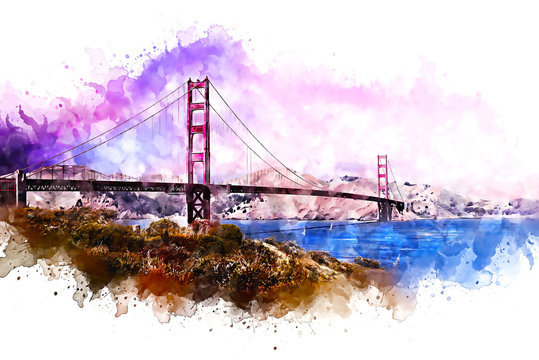 Golden Gate Bridge watercolor abstract rendition