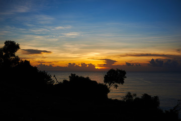 Fototapeta premium Beauty world. Trees in sunlight on the beach at sunset sky background. Deep blue sky and clouds. Beautiful sunset with a dramatic sky. Sun rays over trees. Trees in sun rays. Dreamy landscape.
