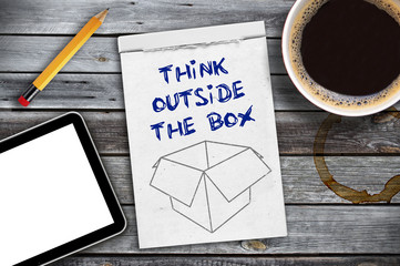 Kalender mit Kaffeetasse Think outside the box