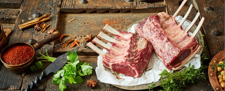 Raw Lamb Chops On A Plate With Asian Ingredients