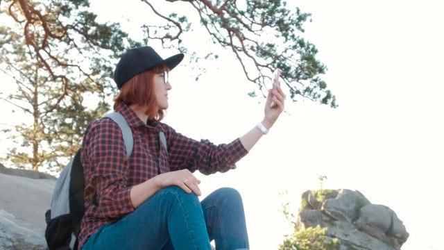 Girl On Mountain Top, Female Tourist Taking Photo Of Morning Landscape With Sunrise On Cell Smart Phone