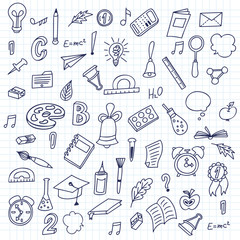 Fototapeta na wymiar Hand drawn doodle school objects. Concept of education. Verious stuff on vector illustration