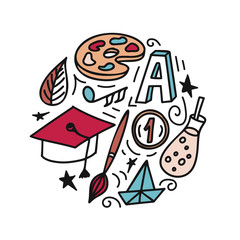 Hand drawn doodle school objects. Concept of education. Verious stuff on vector illustration. Round composition