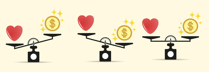 Set Heart money and on the scales. Different tilt options. The balance of money and love scale. The concept of choice . Scales with love and money coins. Vector isolated on light background.