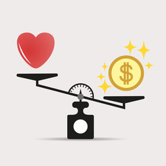 Money weights over the heart. Scales between love and money. The concept of greed, gain, money is more important than love. Vector illustration isolated on light background.