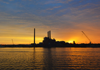 Powerplant in Copenhagen, Denmark, in front of an amazing burning sunset.